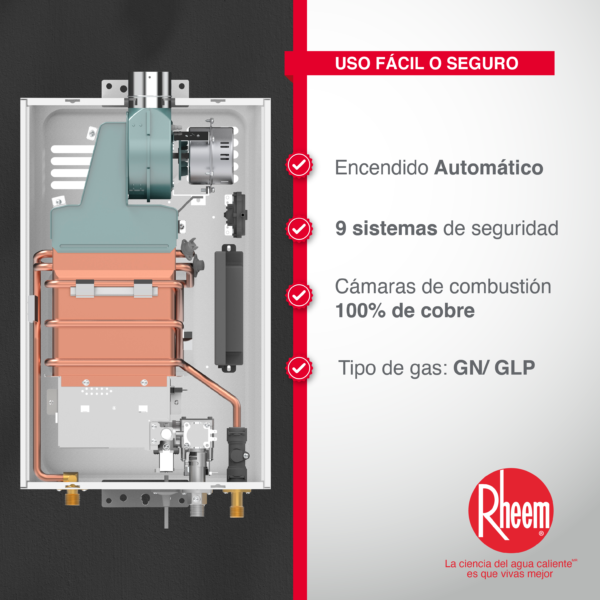 Calentador RHEEM de agua de paso a gas 12 L / min tiro forzado Digital