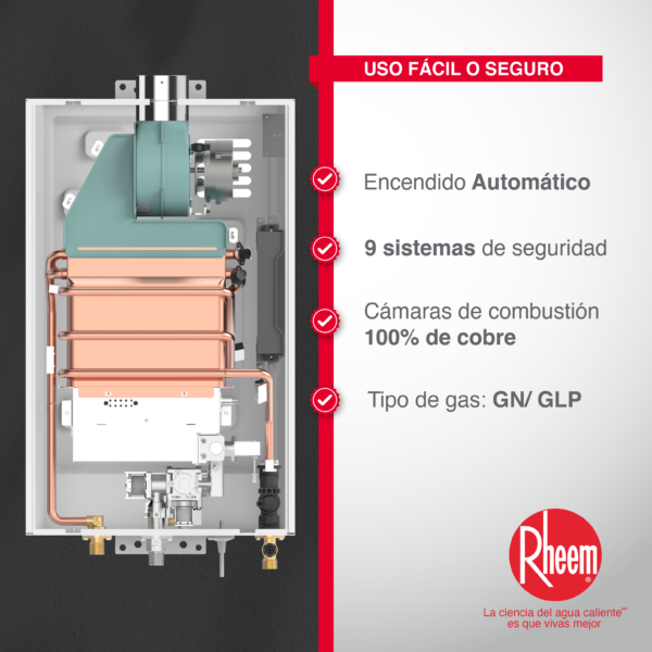 Calentador RHEEM de agua de paso a gas 16 L / min tiro forzado Digital