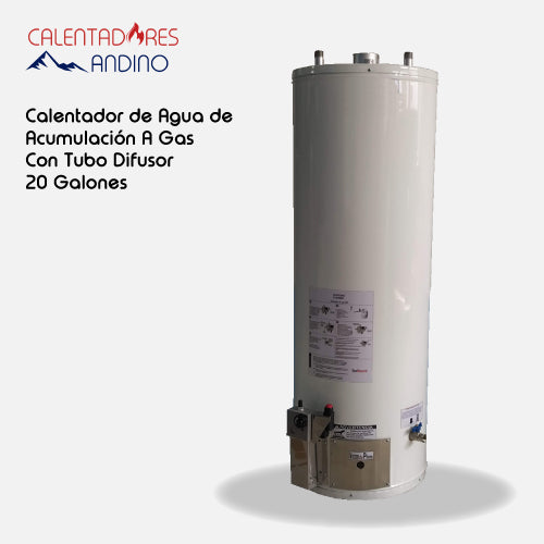 Calentador de agua de acumulación a gas con tubo difusor de 20 galones acero inoxidable