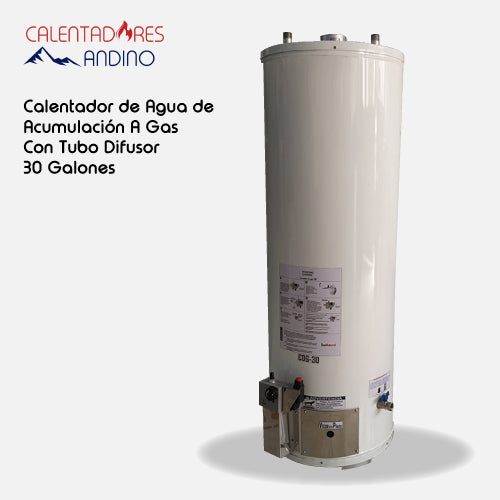 Calentador de agua de acumulación a gas con tubo difusor de 30 galones acero inoxidable
