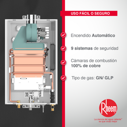 Calentador RHEEM de agua de paso a gas 14 L / min tiro forzado Digital