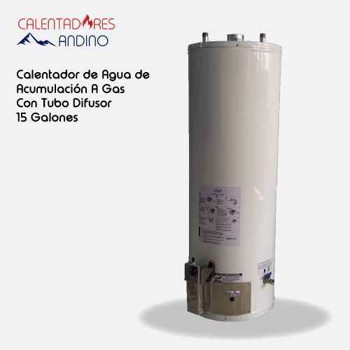 Calentador de agua de acumulación a gas con tubo difusor de 15 galones acero inoxidable