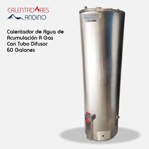 Calentador de agua de acumulación a gas con tubo difusor de 60 galones acero inoxidable